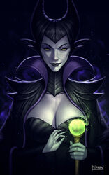  absurdres artist_name black_dress black_lips black_nails breasts cleavage closed_mouth colored_skin commentary dark_background dress english_commentary english_text fake_horns female fingernails green_eyes grey_skin hibren high_collar highres holding holding_staff horned_headwear horns large_breasts looking_at_viewer maleficent mature_female realistic sharp_fingernails sleeping_beauty solo staff sunken_cheeks white_skin 