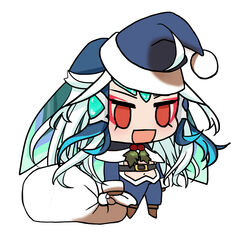  1boy :d alternate_costume belt blue_hat blush brown_footwear chibi christmas eyeshadow fate/grand_order fate_(series) fur_trim gift_bag hat highres holding holding_sack kkeiixxx long_hair long_sleeves makeup male_focus meme no_pupils padoru_(meme) red_eyes red_hat sack santa_costume santa_hat shi_huang_di_(fate) simple_background smile solo white_background 