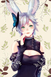  animal_ears armband artist_name bare_shoulders breasts butterfly_hair_ornament cleavage cleavage_cutout closed_mouth clothing_cutout detached_sleeves eyelashes female final_fantasy final_fantasy_xiv green_eyes grey_hair hair_ornament hand_up highres juliet_sleeves large_breasts lips long_sleeves mizoreame pink_lips puffy_sleeves rabbit_ears short_hair smile solo upper_body viera warrior_of_light_(ff14) 