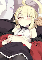  1boy ahoge airi_(ogami_kazuki) bags_under_eyes bare_shoulders black_legwear black_skirt blonde_hair closed_eyes eyes_visible_through_hair female glasses highres huge_ahoge ogami_kazuki original panties panties_under_pantyhose pantyhose pantyshot playing_with_another&#039;s_ears pointy_ears skirt sleeping sleeveless underwear 