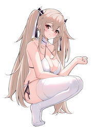  absurdres anchorage_(azur_lane) anchorage_(dolphins_and_swim_lessons)_(azur_lane) azur_lane bare_shoulders bikini blush breasts catnnn female hair_between_eyes hair_ribbon highres large_breasts legs light_brown_hair long_hair looking_at_viewer no_shoes official_alternate_costume ribbon swimsuit thighhighs thighs tiptoes toes twintails very_long_hair white_background white_bikini white_thighhighs 