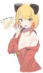  absurdres bare_shoulders blonde_girl_(cloba) blonde_hair breasts cleavage cloba commentary_request female highres jacket long_sleeves looking_at_viewer medium_breasts oerba_yun_fang off_shoulder open_mouth original red_jacket short_hair simple_background smile solo upper_body v white_background yellow_eyes 