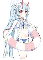  arm_scarf bad_id bad_twitter_id bikini blue_archive blue_bikini blue_hair blush chise_(blue_archive) chise_(swimsuit)_(blue_archive) cropped_legs dot_nose female flat_chest flower hair_flower hair_ornament halo highres horns inactive_account innertube kumanomi long_hair looking_at_viewer navel official_alternate_costume parted_lips red_eyes sailor_collar see-through see-through_shirt shirt side-tie_bikini_bottom side_ponytail simple_background solo standing striped_bikini striped_clothes swim_ring swimsuit very_long_hair white_background white_sailor_collar 