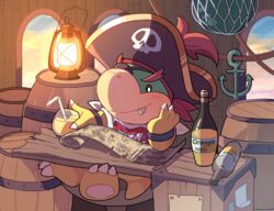  1boy anchor bad_id bad_twitter_id bandana barrel bicorne black_hat blush bottle bowser_jr. box bracelet claws closed_mouth crate cup drink drinking_straw eyepatch fang_out hat head_rest holding holding_cup hoshikuzu_pan indoors jewelry kerosene_lamp lantern male_focus map mario_(series) oerba_yun_fang one_eye_covered pirate pirate_hat red_hat sitting skull_print smile solo tail v-shaped_eyebrows white_bandana window wooden_box 