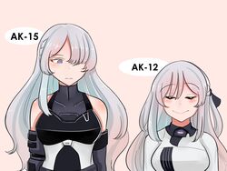  2girls abineko ak-12_(girls&#039;_frontline) ak-15_(girls&#039;_frontline) bare_shoulders black_bow blue_eyes bow braid breasts character_name closed_eyes closed_mouth commentary_request french_braid girls&#039;_frontline grey_hair hair_over_one_eye hair_tie hairbow height_difference highres jacket large_breasts long_hair looking_at_another multiple_girls pink_background purple_eyes shirt sidelocks simple_background smile white_hair white_shirt 