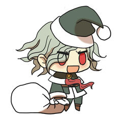  1boy :d alternate_costume blush brown_footwear chibi christmas edmond_dantes_(fate) fate/grand_order fate_(series) fur-trimmed_jacket fur_trim gift_bag green_hat grey_hair hat highres holding holding_sack jacket kkeiixxx long_sleeves male_focus meme neckerchief no_pupils padoru_(meme) parted_bangs red_eyes red_hat sack santa_costume santa_hat simple_background smile solo white_background 