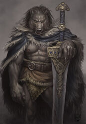  abs anthro blaidd_(elden_ring) canid canine canis cape claws clothed clothing elden_ring fangs fromsoftware fur fur_cape fur_clothing grey_background grey_body grey_fur hi_res holding_object holding_weapon lion21 looking_at_viewer male mammal melee_weapon muscular muscular_male nipples open_mouth pecs scar simple_background solo standing sword teeth weapon wolf yellow_eyes 