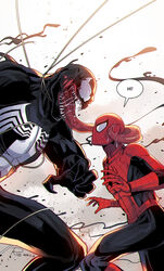  2boys black_bodysuit bodysuit eddie_brock long_tongue looking_at_another male_focus marvel multiple_boys muscular muscular_male open_mouth peter_parker red_bodysuit redrico saliva sharp_teeth spider-man spider-man_(series) spider_web_print superhero_costume symbiote teeth tongue tongue_out two-tone_bodysuit venom_(marvel) western_comics_(style) 