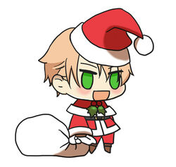  1boy :d alternate_costume blush brown_footwear chibi christmas fate/grand_order fate_(series) fur-trimmed_jacket fur_trim gift_bag green_eyes hat highres holding holding_sack jacket jekyll_and_hyde_(fate) kkeiixxx light_brown_hair long_sleeves male_focus meme no_pupils padoru_(meme) pants red_hat red_jacket red_pants sack santa_costume santa_hat smile solo white_background 