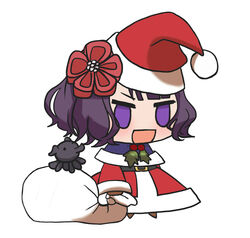  :d alternate_costume blush brown_footwear chibi christmas creature fate/grand_order fate_(series) female fur-trimmed_jacket fur_trim gift_bag hat highres holding holding_sack jacket katsushika_hokusai_(fate) kkeiixxx long_sleeves meme no_pupils padoru_(meme) pants purple_eyes red_hat red_jacket red_pants sack santa_costume santa_hat simple_background smile solo tokitarou_(fate) white_background 