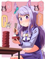  3girls animal_ears belly big_belly chopsticks commentary_request eating fat highres horse_ears horse_girl horse_tail inoue_kouji long_hair looking_at_viewer mejiro_mcqueen_(umamusume) multiple_girls nervous_sweating oguri_cap_(umamusume) paku_paku_desuwa purple_eyes purple_hair school_uniform short_hair solo_focus special_week_(umamusume) sweat tail tracen_school_uniform translation_request umamusume 