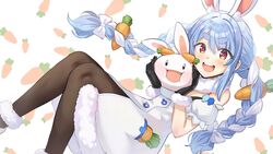  :d animal animal_ear_fluff animal_ears bangs banned_artist bare_shoulders black_gloves blue_hair bow braid carrot carrot_hair_ornament carrot_print coat commentary detached_sleeves don-chan_(usada_pekora) extra_ears feet_out_of_frame female food-themed_hair_ornament food_print fur-trimmed_coat fur-trimmed_gloves fur_trim gloves hair_ornament hairbow holding holding_animal hololive jagaimo_(kkamja) long_hair looking_at_viewer multicolored_hair nousagi_(usada_pekora) open_mouth orange_eyes pantyhose pocket puffy_short_sleeves puffy_sleeves rabbit_ears scarf short_sleeves sidelocks smile solo strapless_coat swept_bangs teeth twin_braids two-tone_hair upper_teeth usada_pekora virtual_youtuber white_background white_bow white_coat white_hair white_scarf 