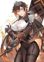  bad_id bad_twitter_id black_gloves black_hair black_legwear breasts brown_hair cleavage earrings english_commentary eyeliner eyeshadow female genderswap_(mtf) genshin_impact gloves gradient_hair hair_between_eyes highres holding holding_polearm holding_weapon jacket jewelry large_breasts long_hair long_sleeves looking_at_viewer makeup multicolored_hair necktie open_mouth orange_hair polearm red_eyeshadow rule_63 shei99 simple_background single_earring smile solo spear stele tassel tassel_earrings thumb_ring weapon white_background wing_collar yellow_eyes zhongli_(genshin_impact) 