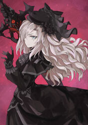  ascot black_capelet black_dress black_flower black_gloves black_hat black_rose breasts capelet chitake dress fate/grand_order fate_(series) female flower gloves grey_eyes hat highres kriemhild_(fate) kriemhild_(first_ascension)_(fate) large_breasts long_hair long_sleeves looking_at_viewer mole mole_under_eye rose solo sword veil weapon white_hair 