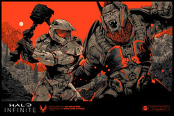  2boys absurdres alien armor artist_name assault_visor beard brute_(halo) clenched_hand commentary copyright_name english_commentary facial_hair fangs gravity_hammer halo_(series) halo_infinite hammer highres holding holding_hammer ken_taylor logo master_chief mountain multiple_boys official_art open_mouth power_armor red_hair red_visor spartan_(halo) tovarus 