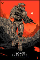  1boy absurdres armor artist_name assault_rifle assault_visor bullpup commentary copyright_name english_commentary gun halo_(series) halo_infinite highres holding holding_gun holding_weapon ken_taylor logo ma5 male_focus master_chief mountain official_art power_armor red_visor rifle science_fiction solo spartan_(halo) tree trigger_discipline weapon 