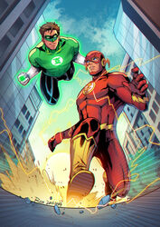  2boys animification barry_allen black_bodysuit blue_eyes bodysuit boots brown_hair city cloud day dc_comics domino_mask electricity flying gloves green_bodysuit green_lantern green_lantern_(series) hal_jordan jewelry looking_at_another male_focus mask multiple_boys muscular muscular_male outdoors parted_lips red_bodysuit redrico ring short_hair sky superhero_costume the_flash the_flash_(series) two-tone_bodysuit white_gloves 