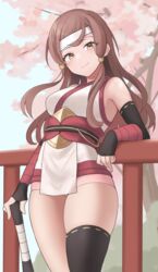  armpits aura_(aurapls) bare_shoulders black_gloves black_thighhighs brown_eyes brown_hair closed_mouth commentary_request cowboy_shot elbow_gloves female fingerless_gloves fire_emblem fire_emblem_fates fire_emblem_heroes gloves hana_(fire_emblem) hana_(ninja)_(fire_emblem) headband highres long_hair looking_at_viewer ninja obi official_alternate_costume sash shirt single_thighhigh skindentation sleeveless sleeveless_shirt smile solo standing thighhighs thighs white_shirt 