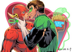  2boys animification bag_of_chips barry_allen black_bodysuit blue_eyes bodysuit brown_hair dc_comics domino_mask eye_contact food french_fries gloves green_bodysuit green_lantern green_lantern_(series) hal_jordan hand_on_another&#039;s_face holding holding_food jewelry looking_at_another male_focus mask multiple_boys muscular muscular_male red_bodysuit redrico ring shared_food short_hair smile superhero_costume teeth the_flash the_flash_(series) two-tone_bodysuit upper_body white_gloves yaoi 