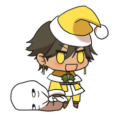  1boy :d alternate_costume blush brown_footwear brown_hair chibi christmas dark-skinned_male dark_skin ear_piercing fate/grand_order fate_(series) fur-trimmed_jacket fur_trim gift_bag hair_between_eyes hat highres holding holding_sack jacket kkeiixxx long_sleeves male_focus meme no_pupils ozymandias_(fate) padoru_(meme) piercing red_hat sack santa_costume santa_hat smile solo white_background yellow_hat yellow_jacket 