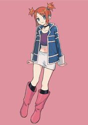  aqua_eyes black_choker black_socks blue_jacket boots choker closed_mouth collarbone commentary_request female full_body highres ittumozzz jacket kneehighs long_sleeves looking_at_viewer navel open_clothes open_jacket orange_hair pink_background pink_footwear pokemon pokemon_colosseum purple_shirt rui_(pokemon) shirt skirt smile socks solo two_side_up white_skirt 