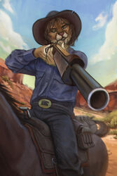  2022 5_fingers aiming_at_viewer aiming_gun aiming_weapon anthro belt belt_buckle blue_clothing blue_shirt blue_topwear bottomwear brown_belt brown_body brown_cowboy_hat brown_fur brown_hair buckle clothed clothing cloud cougar cowboy_hat cowboy_outfit dress_shirt equid equine felid feline fingers front_view fully_clothed fur grey_bottomwear grey_clothing grey_pants gun hair hat headgear headwear hi_res holding_gun holding_object holding_ranged_weapon holding_shotgun holding_weapon horse horseback_riding luke_(contritecougar) male mammal marmoratus messy_hair one_eye_closed outside pants pink_nose pointing_gun ranged_weapon riding saddle saddle_bag shirt shotgun sky slim_anthro snout solo_focus topwear weapon wishbone_mouth yellow_body yellow_fur 