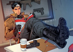  1boy animification ar-15 batman_(series) black_gloves black_hair black_pants black_shirt blue_eyes book boots brown_jacket closed_mouth crossed_legs cup dc_comics disposable_coffee_cup disposable_cup gloves gun h&amp;k_usp handgun holding holding_book jacket jason_todd male_focus multicolored_hair open_clothes open_jacket pants reading red_hood_(dc) redrico rifle shirt short_hair solo streaked_hair two-tone_hair weapon white_hair 