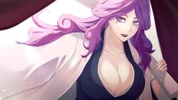  bleach bleach:_sennen_kessen-hen breasts cleavage collarbone commentary_request facial_mark female haori highres hikifune_kirio holding japanese_clothes large_breasts long_hair long_sleeves purple_eyes purple_hair red_lips solo sumire_1046 taichou_haori wide_sleeves 