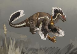  2021 babanasaur brown_body brown_feathers brown_scales chains claws collar cybernetic_leg cybernetic_limb digital_media_(artwork) dinosaur dromaeosaurid extinct feather_tuft feathered_crest feathered_dinosaur feathered_dromaeosaurid feathered_raptor feathered_scalie feathered_theropod feathers feral grass harness head_crest hi_res interfector_(interfectorfactory) jumping looking_forward male markings open_mouth outside plant prehistoric_species red_body red_scales reptile scale_markings scales scalie solo theropod tuft utahraptor white_body white_claws white_feathers white_scales yellow_sclera 