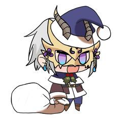  1boy :d alternate_costume blush brown_footwear chibi christmas fake_horns fate/grand_order fate_(series) fur-trimmed_jacket fur_trim gift_bag grey_hair hat highres holding holding_sack horned_headwear horns jacket kkeiixxx long_sleeves male_focus meme no_pupils padoru_(meme) prince_of_lan_ling_(fate) red_hat sack santa_costume santa_hat smile solo white_background 