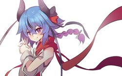  1other bare_shoulders blue_hair braid collar collared_shirt detached_sleeves from_side hair_flaps hair_ribbon highres horns interlocked_fingers kashisuover long_hair looking_at_viewer looking_to_the_side meika_mikoto multicolored_hair own_hands_together pink_eyes pink_hair red_collar ribbon shirt simple_background sleeveless sleeveless_shirt smile solo thick_eyebrows two-tone_hair upper_body vocaloid white_background white_shirt white_sleeves 