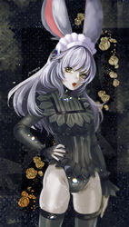  animal_ears artist_name black_nails black_ribbon black_shirt black_thighhighs colored_skin cowboy_shot female final_fantasy final_fantasy_xiv fingernails grey_skin hand_on_own_hip highres lips long_hair long_sleeves maid_headdress mizoreame open_mouth purple_hair rabbit_ears red_lips ribbon shirt sleeves_past_wrists solo thighhighs thighs viera warrior_of_light_(ff14) 