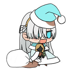  :d alternate_costume anastasia_(fate) aqua_hat aqua_jacket blush brown_footwear chibi christmas doll fate/grand_order fate_(series) female fur-trimmed_jacket fur_trim gift_bag grey_hair hat highres holding holding_doll holding_sack jacket kkeiixxx long_hair long_sleeves meme no_pupils padoru_(meme) red_hat sack santa_costume santa_hat simple_background smile solo viy_(fate) white_background 