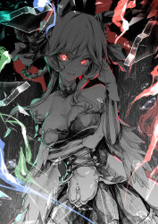  animal_ears arm_under_breasts backlighting bare_shoulders bow bowtie braid braided_hair_rings breasts cleavage commentary_request commission cowboy_shot crack cracked_glass detached_sleeves dress ear_covers ear_ornament female gentildonna_(regina_dei_fiori)_(umamusume) gentildonna_(umamusume) glass_shards gloves glowing glowing_cracks glowing_eyes hair_between_eyes hair_ornament hair_rings hasukurira highres horse_ears large_breasts looking_at_viewer parted_lips partially_colored pixiv_commission rain red_eyes see-through_cleavage see-through_clothes smile solo traditional_bowtie umamusume 