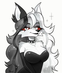  2024 accara_(akrost) akrost anthro arm_tuft armwear artist_name bare_shoulders big_breasts black_armwear black_body black_clothing black_dress black_elbow_gloves black_fur black_gloves black_hair black_handwear black_highlights black_lips breasts canid canid_demon canine cleavage clothed clothing collar demon dress elbow_gloves eyelashes fan_character female fur gloves grey_body grey_fur grey_highlights hair half-length_portrait handwear hellaverse hellhound hi_res highlights_(coloring) jewelry lips long_hair mammal multicolored_hair mythological_canine mythological_creature mythology necklace portrait pupils red_sclera shoulder_tuft simple_background slit_pupils solo sparkles spiked_collar spikes strapless_clothing strapless_dress text tuft two_tone_hair white_background white_body white_eyes white_fur white_hair 