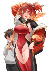  1boy absurdres age_difference ark_ranger_red_(nikke) arm_up blush breasts colored_inner_hair covered_navel crotchless crotchless_pantyhose debaiza earrings embarrassed female goddess_of_victory:_nikke hair_intakes highres jacket jewelry large_breasts leotard multicolored_hair onee-shota open_mouth orange_eyes orange_hair pantyhose red_hair red_jacket red_leotard shiny_skin short_twintails skin_tight sweat taut_leotard twintails 