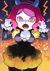  2020 animal_crossing boobs breasts cleavage covered_breasts cute dress dyed_hair fangs female female_only funny halloween halloween_costume mob_face muramasa_mikado murana_(muramasa_mikado) nintendo pink_eyes pink_hair scaring scary villager_(animal_crossing) white_skin 