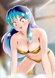  animal_print artist_request bikini breasts cleavage female green_hair highres horns large_breasts long_hair looking_at_viewer lum navel oni open_mouth solo swimsuit tiger_print urusei_yatsura yellow_eyes 