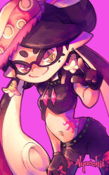  arched_back arm_on_thigh black_gloves black_hair black_shirt black_shorts bow bow-shaped_hair breasts callie_(octo_idol_outfit)_(splatoon) callie_(splatoon) collar cowlick crop_top earrings eye_mask eyelashes fish_(food) food food_on_head gloves gold_earrings gradient_hair hat jewelry leaning_forward leather long_hair long_pointy_ears looking_at_viewer midriff mole mole_under_eye multicolored_hair navel nyacchii object_on_head octopus_sashimi octopus_sausage_earrings octopus_tattoo official_alternate_costume padded_shoulders pale_skin panties panty_straps pantyhose pink_background pink_hat pink_leaf pink_lightning pink_panties pink_shiso_leaf pink_tattoo pointing pointing_at_viewer pointy_ears puffy_short_sleeves puffy_sleeves sashimi sequins shirt short_eyebrows short_shorts short_sleeves shorts simple_background smile spiked_collar spiked_waistband spikes splatoon_(series) splatoon_2 standing star-shaped_pupils star_(symbol) stomach_tattoo studded_collar suction_cups swept_bangs symbol-shaped_pupils tattoo tentacle_hair thick_eyebrows twintails underwear very_long_hair yellow_eyes yellow_pupils 