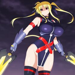  armored_gloves bardiche_(nanoha) bardiche_(weapon) black_thighhighs blonde_hair breasts energy_sword fate_testarossa fate_testarossa_(true_sonic_form) female gauntlets gloves hair_ribbon highres holding large_breasts long_hair lyrical_nanoha mahou_shoujo_lyrical_nanoha mahou_shoujo_lyrical_nanoha_strikers no_panties polearm red_eyes ribbon solo sumiboshi_(zatsuha) sword thighhighs twintails very_long_hair weapon 