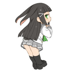  animal_ears black_hair black_shoes black_socks blunt_bangs commentary deformed female full_body green_eyes green_neckerchief grey_sailor_collar grey_skirt kemonomimi_mode kneehighs kurosawa_dia leaning_forward loafers long_hair long_sleeves lop_rabbit_ears love_live! love_live!_sunshine!! miniskirt mole mole_under_mouth neckerchief pleated_skirt rabbit_ears rabbit_tail sailor_collar school_uniform serafuku shinanoya_(satanicad) shirt shoes simple_background skirt socks solo tail tail_through_clothes uranohoshi_school_uniform white_background white_shirt winter_uniform 