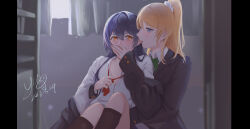  2girls absurdres ayase_eli backlighting between_legs black_jacket black_socks blazer blonde_hair blue_eyes blue_hair blurry blurry_background blush bookshelf bow bowtie breasts chair cleavage clothes_down collarbone collared_shirt covering_own_mouth curtains dated desk double-parted_bangs feet_out_of_frame green_bow green_bowtie hair_between_eyes hair_intakes hand_between_legs high_ponytail highres hug hug_from_behind indoors jacket kneehighs knees_up light_particles long_hair looking_at_another love_live! love_live!_school_idol_project multiple_girls nose_blush parted_bangs parted_lips partially_unbuttoned pillarboxed ponytail red_bow red_bowtie removing_bowtie school_uniform scrunchie shade shirt signature socks sonoda_umi striped_bow striped_bowtie striped_clothes white_scrunchie white_shirt window wing_collar yellow_eyes yudong_rin yuri 