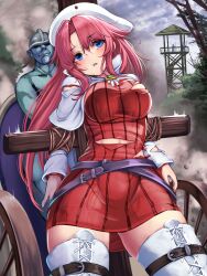  aty_(summon_night) belt beret blue_eyes blush boots breasts dress female hat highres long_hair long_sleeves looking_at_viewer loose_belt monikano red_hair ribbed_sweater solo summon_night sweater thigh_boots thighhighs torn_clothes 