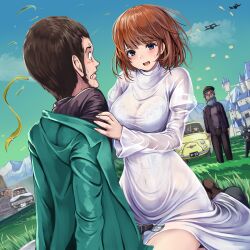  2girls arsene_lupin_iii belt blue_eyes blush bra breasts brown_hair canine car castle_of_cagliostro clarisse_de_cagliostro cloud dress grass green_jacket highres jacket jigen_daisuke lupin_iii mine_fujiko monikano motor_vehicle multiple_boys multiple_girls navel on_grass open_mouth panties police short_hair smile underwear white_bra white_dress white_panties zenigata_kouichi 