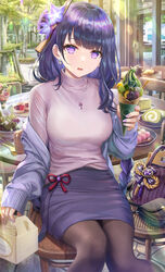  alternate_costume anmitsu_(dessert) bag blunt_bangs breasts brown_pantyhose cake castella_(food) chocolate chopsticks commentary_request dango day dorayaki earrings female flower food fruit genshin_impact hair_flower hair_ornament handbag highres holding holding_food ice_cream ice_cream_cone jacket jewelry large_breasts long_hair long_sleeves macaron matcha_(food) matcha_castella matcha_parfait mitsudomoe_(shape) mole mole_under_eye nail_polish necklace off_shoulder on_chair outdoors pantyhose parfait pastry_box pencil_skirt pigeon-toed pink_sweater purple_eyes purple_hair purple_jacket purple_nails purple_skirt raiden_shogun red_bean_paste ribbed_sweater sanshoku_dango skirt soft_serve solo spoon sweater swiss_roll table tomoe_(symbol) torino_aqua tree turtleneck turtleneck_sweater vision_(genshin_impact) wafer_stick wagashi wooden_chair wooden_table youkan_(food) 