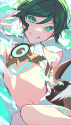  1boy absurdres androgynous black_hair blue_hair braid capelet chest_tattoo commentary crop_top genshin_impact gradient_hair green_eyes highres hood hood_down hooded_capelet kania looking_at_viewer lyre male_focus multicolored_hair open_mouth short_hair_with_long_locks side_braids sidelocks smile solo tattoo twin_braids venti_(genshin_impact) 