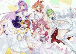  5girls absurdres blue_eyes bracelet breasts brown_eyes brown_hair cleavage flat_chest flower freyja_wion gloves green_hair hair_behind_ear hair_flower hair_ornament headphones headphones_around_neck highres holding_hands hood hooded_jacket jacket jewelry kabu_(kaopako_) kaname_buccaneer leaning_back looking_at_viewer macross macross_delta makina_nakajima medium_breasts mikumo_guynemer multicolored_hair multiple_girls pointing pointing_at_self pointy_ears purple_eyes purple_hair purple_skirt red_gloves reina_prowler sitting skirt small_breasts smile streaked_hair twitter_username walkure_(macross_delta) white_jacket white_skirt yellow_flower 