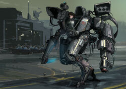  absurdres brown_eyes brown_hair daxi4ng exoskeleton female gun highres holding holding_gun holding_weapon looking_to_the_side mecha missile_pod original photoshop_(medium) pilot_suit reverse-jointed_legs robot science_fiction walking weapon 