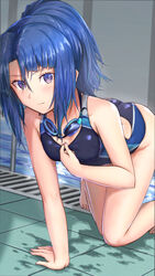  absurdres alice_gear_aegis ass blue_hair commentary competition_swimsuit eyes_visible_through_hair female food goggles goggles_around_neck highres legs looking_at_viewer one-piece_swimsuit origami_yakko ponytail pool poolside purple_eyes sidelocks solo swimsuit takanashi_rei thighs 