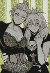  2girls absurdres bare_arms belt bow breasts cleavage cleavage_cutout closed_mouth clothing_cutout collarbone dorohedoro earrings fishnets floral_background florbetriz frills hair_between_eyes hair_bun hair_over_shoulder hand_on_another&#039;s_hip hand_on_another&#039;s_shoulder hand_up head_tilt highres holding_hands jewelry lingerie long_hair monochrome multiple_girls nikaidou_(dorohedoro) noi_(dorohedoro) ponytail short_sleeves single_hair_bun striped striped_background underwear updo upper_body 